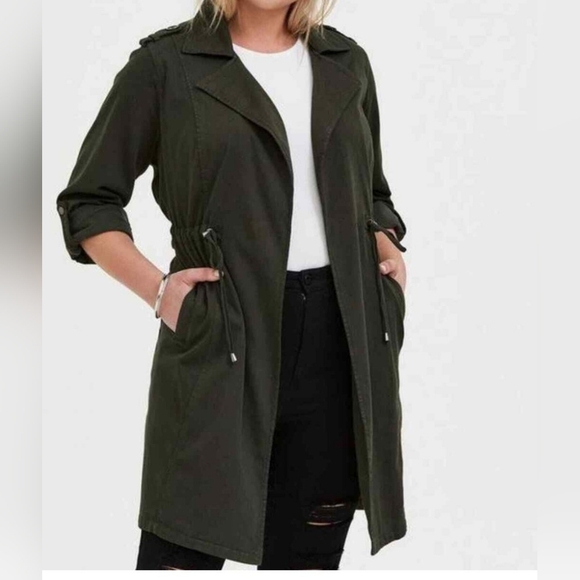 Olive green open front draped twill trench coat size large 1  ( 14/16) Xl - Picture 1 of 11